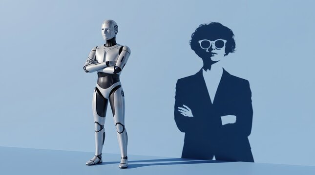 A futuristic robot stands beside its human-like shadow, symbolizing artificial intelligence and its potential to emulate human characteristics.