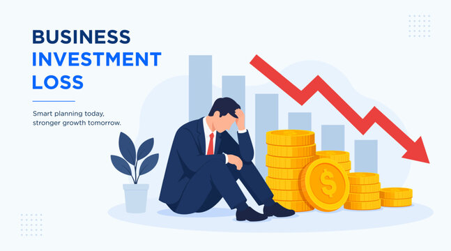 Business investment loss, stressed businessman sitting beside declining coins and a red downward arrow, symbolizing financial loss, investment risk, and an unprofitable business, flat vector 
