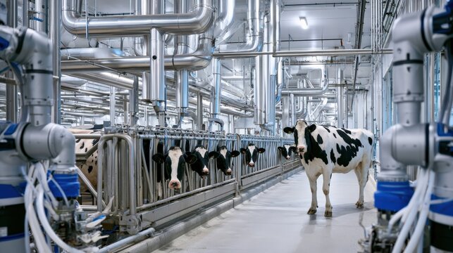Robotic dairy facility with Holstein cows in stainless milking stalls and industrial piping, automated livestock care in clean digital barns
