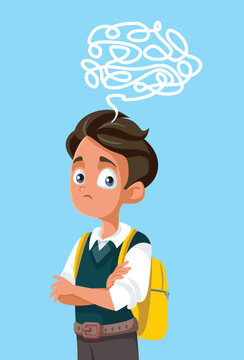 Confused School Boy Vector Illustration With Tangled Thoughts. Cartoon character depicting a stressed young student boy with messy complicated thoughts 