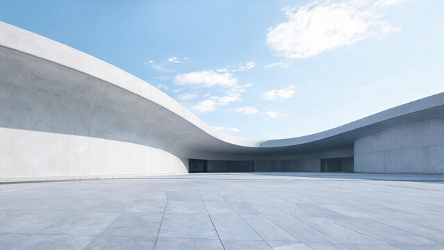 A vast open plaza with curved concrete structures under a clear blue sky, showcasing minimalist modern architecture.