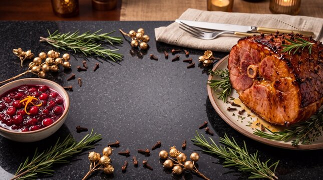 Glazed Holiday Ham with Cranberry Sauce and Rosemary Garnish on Dark Marble Table for Christmas Dinner