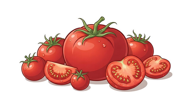 Collection of ripe red tomatoes and slices with water droplets on transparent background isolated on white
