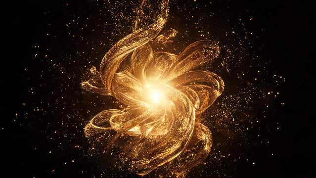 A dynamic swirling burst of luminous golden particles forms an intricate, radiant shape against a deep dark backdrop, showcasing flowing energy and light.
