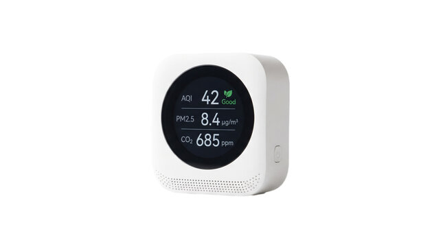 Smart air quality monitor with digital display, portable indoor pollution sensor for CO2 and PM2.5, white electronic air detector on white background