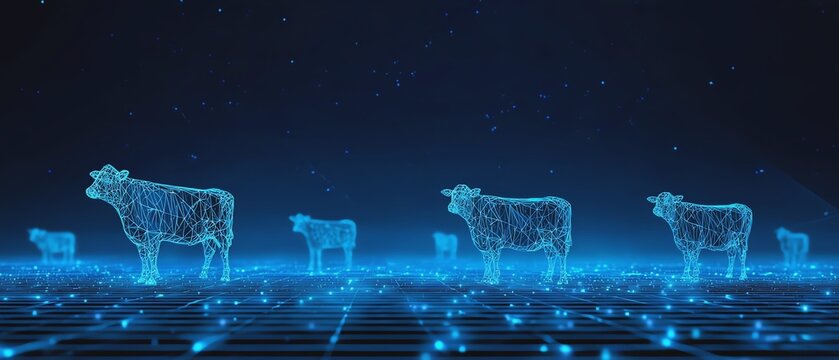 Futuristic digital cows in a virtual landscape.