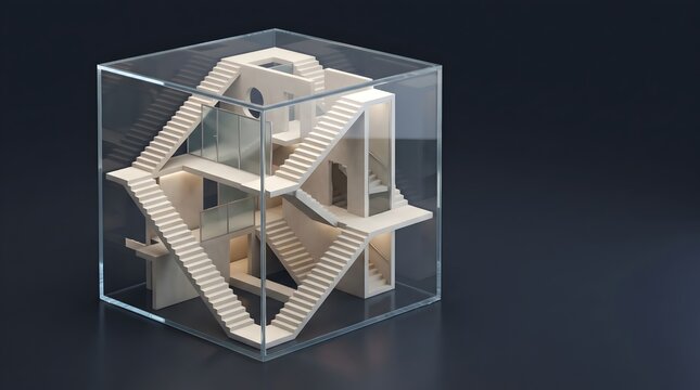 Minimalist architectural sculpture of an impossible staircase inside a glass cube
