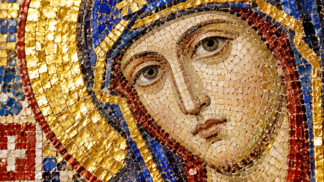 Byzantine Mosaic Icon of the Virgin Mary: Close-Up Detail of Sacred Christian Gold Tesserae Art and Halo