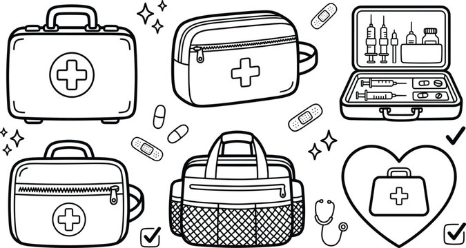Hand Drawn First Aid Kit Icon Set with Medical Bags and Emergency Elements