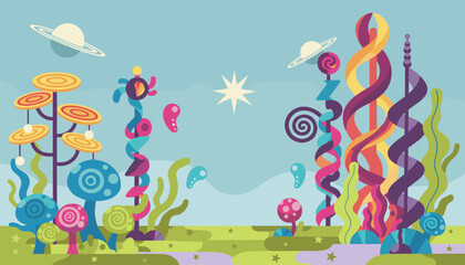 Fototapeta premium Fantastic alien planet landscape featuring strange colorful spiral trees and ringed planets under a soft blue sky.