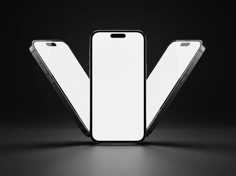 Three Modern Smartphones with Blank White Screens Arranged in a Fan Shape on a Black Background for Digital Mockup
