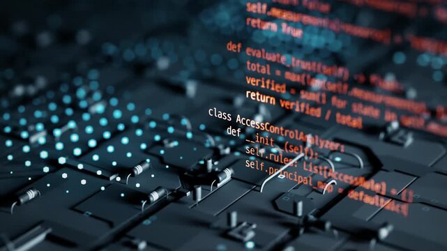 AI cyber attack code runs over futuristic computer circuitry
