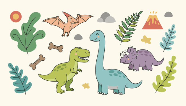 Prehistoric theme collection featuring cute hand drawn dinosaurs active volcano plants bones and leaves on cream backdrop.