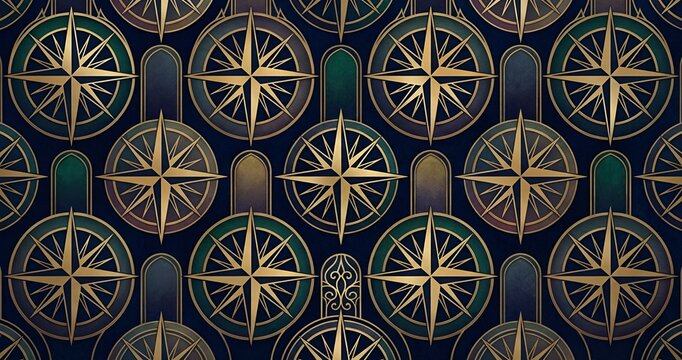 Luxurious art deco geometric pattern with gold compass rose ornament on a dark blue background.