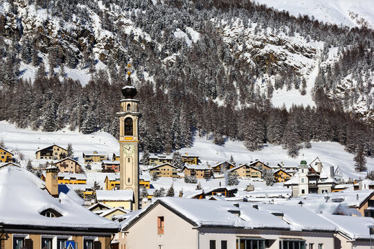 The reformed church in the village center of Samedan, Engadin, Switzerland