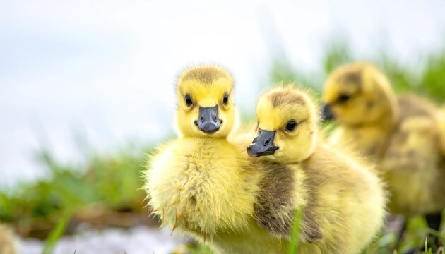 Three cute yellow goslings in green grass.