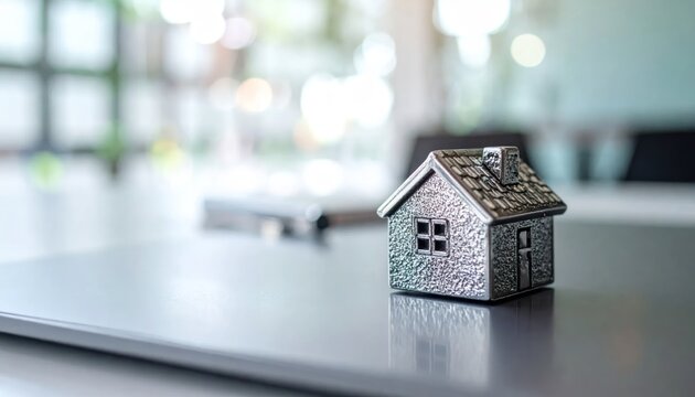 Tiny metal house model on office desk surface.