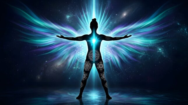 Human silhouette with sacred geometry symbols, glowing chakras, and cosmic energy wings representing spiritual awakening