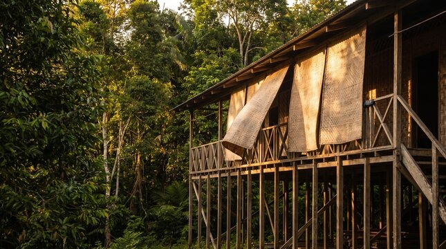 Traditional Stilt House in Borneo Rainforest at Golden Hour &mdash; AI Generated