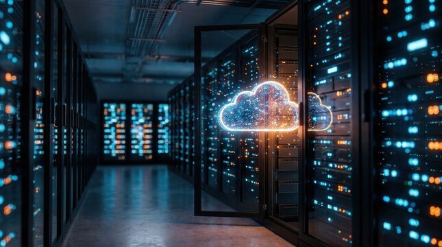 Advanced enterprise Cloud data storage aisle glowing driving digital transformation and high speed computing infrastructure