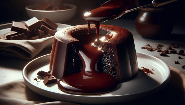 A dramatic shot of a dark chocolate lava cake being cut open, with warm, gooey chocolate flowing out onto a white plate, Ai generated image