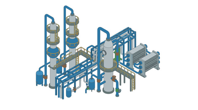 Modern Industrial Isometric Diagram of Chemical Processing Plant with Blue Piping Tanks and Equipment