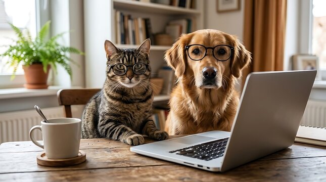 Cat and dog wearing glasses working on a laptop