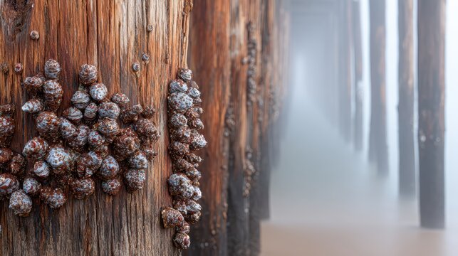 Barnacles on Pier Pilings: A close-up shot reveals a cluster of barnacles clinging to weathered wooden pier pilings, with the misty ocean stretching into the background.