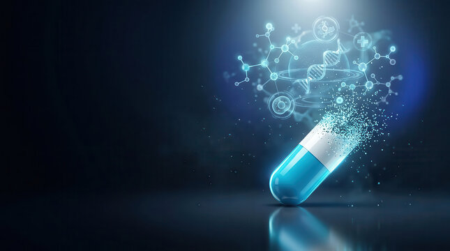 Advanced AI healthcare and biotechnology concept with an illuminated capsule surrounded by a holographic molecular network, representing pharmaceutical research, drug discovery, medical technology