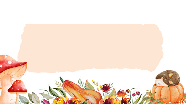 Autumn harvest festival background presentation with cute hedgehog pumpkin and mushrooms