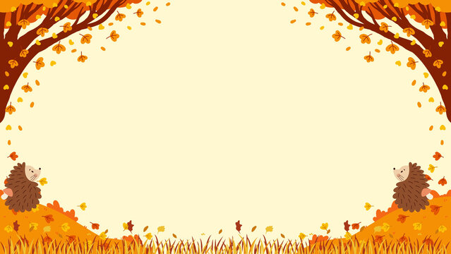 Cute autumn hedgehogs in forest meadow background presentation with falling leaves arch