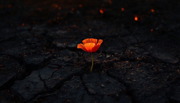 Vibrant orange poppy pushing through cracked blackened earth in a post-apocalyptic landscape with glowing embers. Symbol of hope, resilience, and rebirth