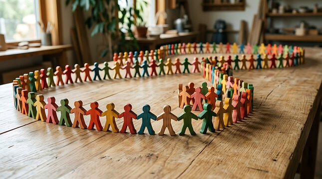 Wooden figures holding hands in a circle on table representing community