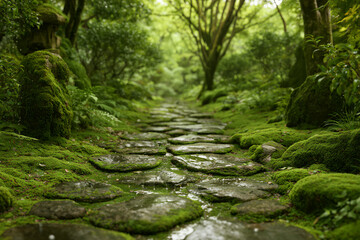 Fototapeta premium Moss-covered stone path after rain in a lush garden