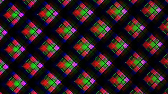 Vibrant geometric diamond pattern with intersecting lines in a bold red, green, and magenta color palette, creating a dynamic abstract background for modern design projects or digital art