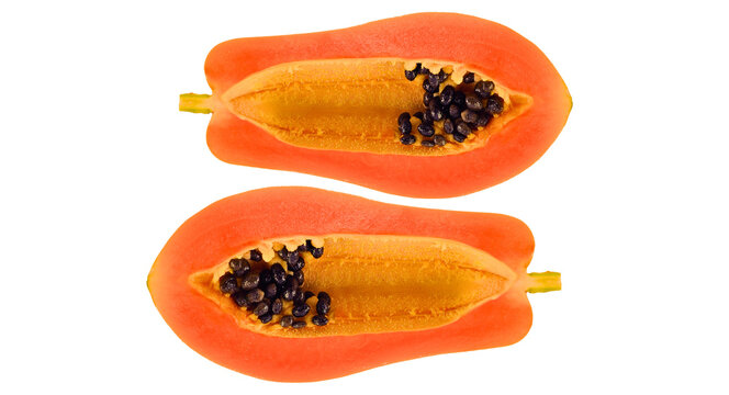 Fresh ripe papaya halves with black seeds isolated transparent png