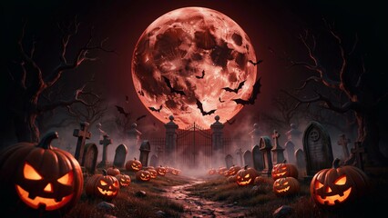 Obraz premium Spooky halloween graveyard with glowing pumpkins giant red full moon flying bats and tombstones 3d illustration