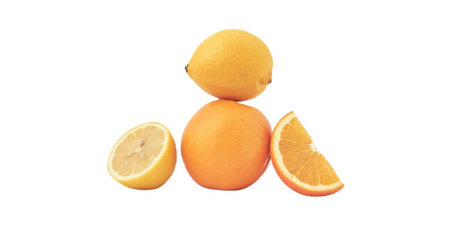 Fresh whole lemon and orange with cut wedges isolated png