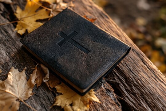 The Bible on a Weathered Log Beneath Autumn Leaves in Quiet Natural Light