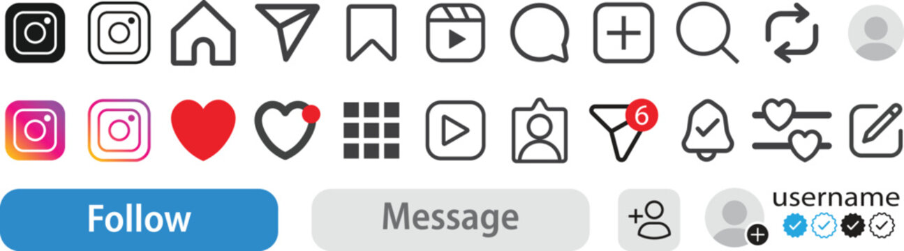 instagram social media app interface icons set with Like, love, heart, home, repost, comment, follower, share, save, stories user button signs, set social media notification functional icons. mobile a