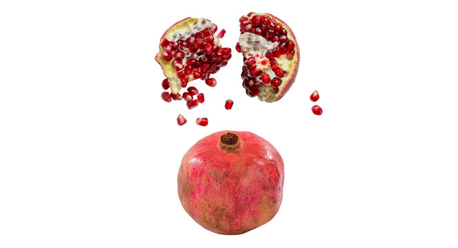 Fresh whole pomegranate and broken open fruit with seeds isolated png