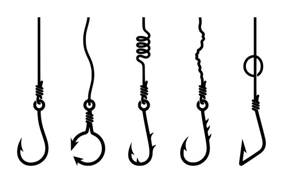 Set of five different fishing hooks with various knots and line styles isolated on a white background