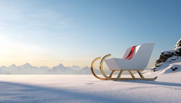 Modern white sleigh with gold runners rests on snowy landscape under clear skies.