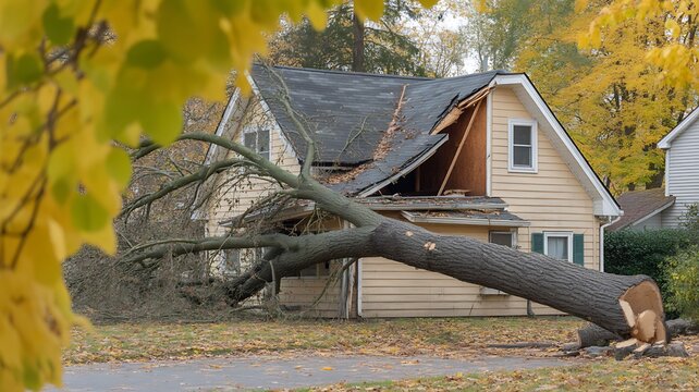Fallen tree blocking a residential house after a severe storm