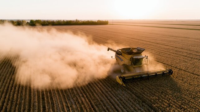 The Harvester Cutting Corn in a Dusty Golden Harvest Field at Sunset