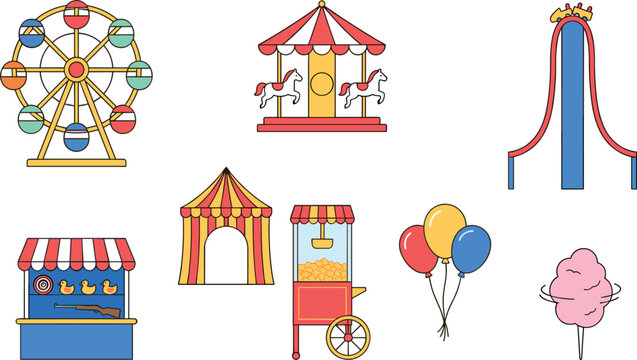 Amusement park amusement rides and carnival icons vector set featuring ferris wheel carousel roller coaster popcorn machine isolated on white background