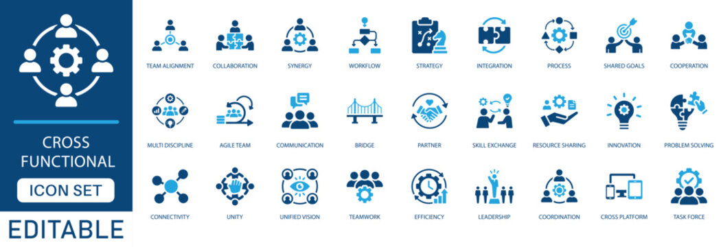 Cross functional icon set. Featuring team alignment, synergy, workflow, agile team, and leadership. Vector icons for corporate presentations, business reports, and management apps.