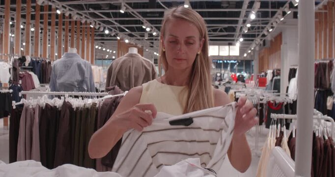 Female Shopper Checking Clothing Label at City Mall Tashkent