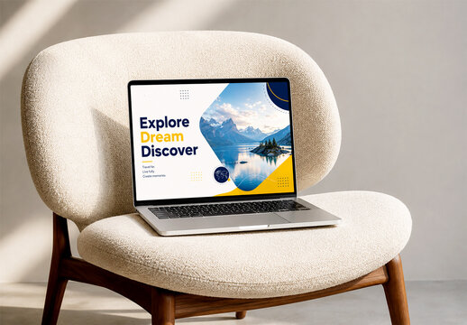 Laptop Screen Mockup on Modern Textured Armchair in Sunlight
