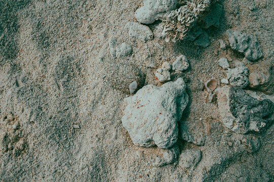 Small rocks and white sand beach in the shore of a tropical beach background texture